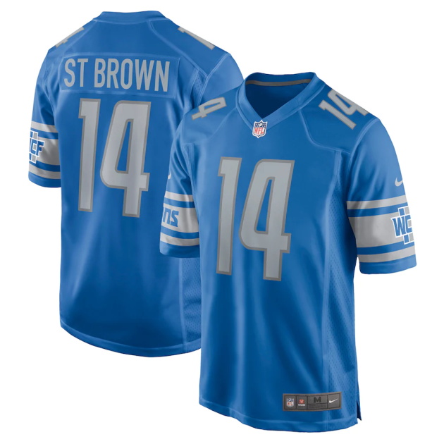 mens nike amon ra st brown blue detroit lions game player jersey